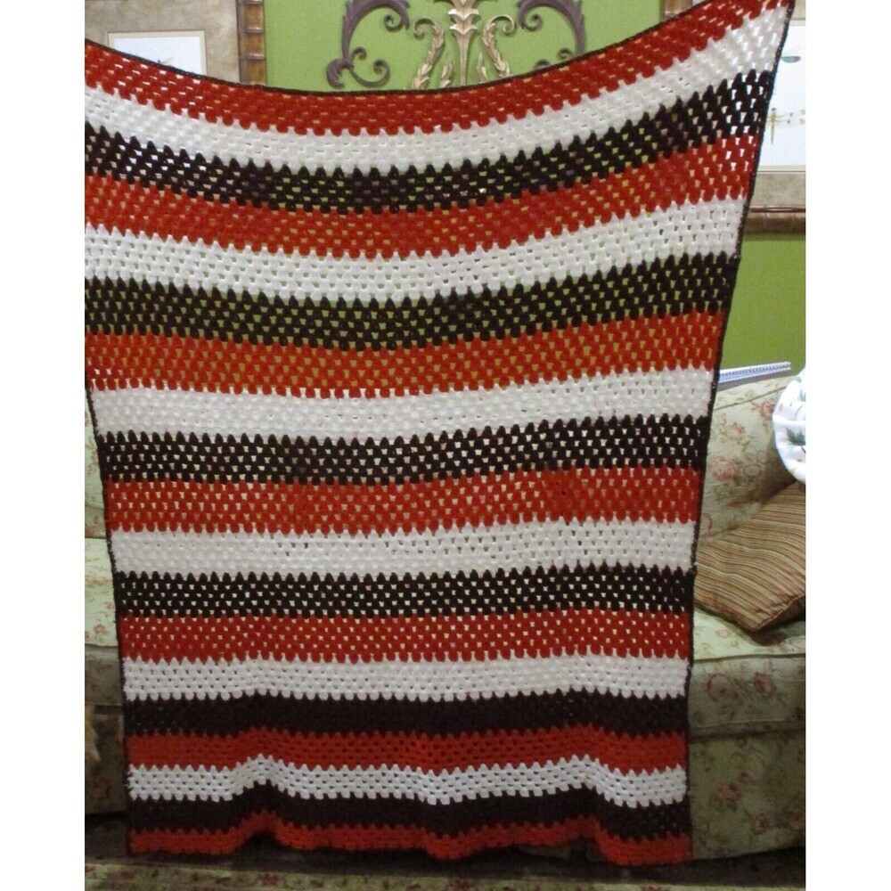 Vintage Crocheted Grannycore Blanket Throw Afghan‎ Brown Orange White 55x66